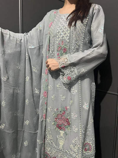 3Pc Plazzo Embroidered Chiffon Collection With Embroidered Chiffon Dupatta