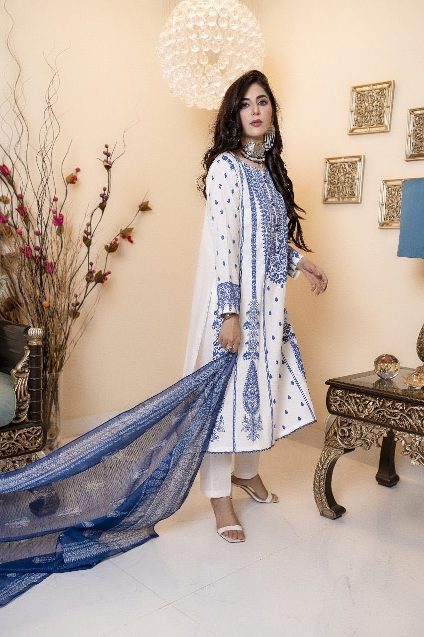 White 3 Pc  Emboss Printed Lawn Cotton  Readymade Suit -2702