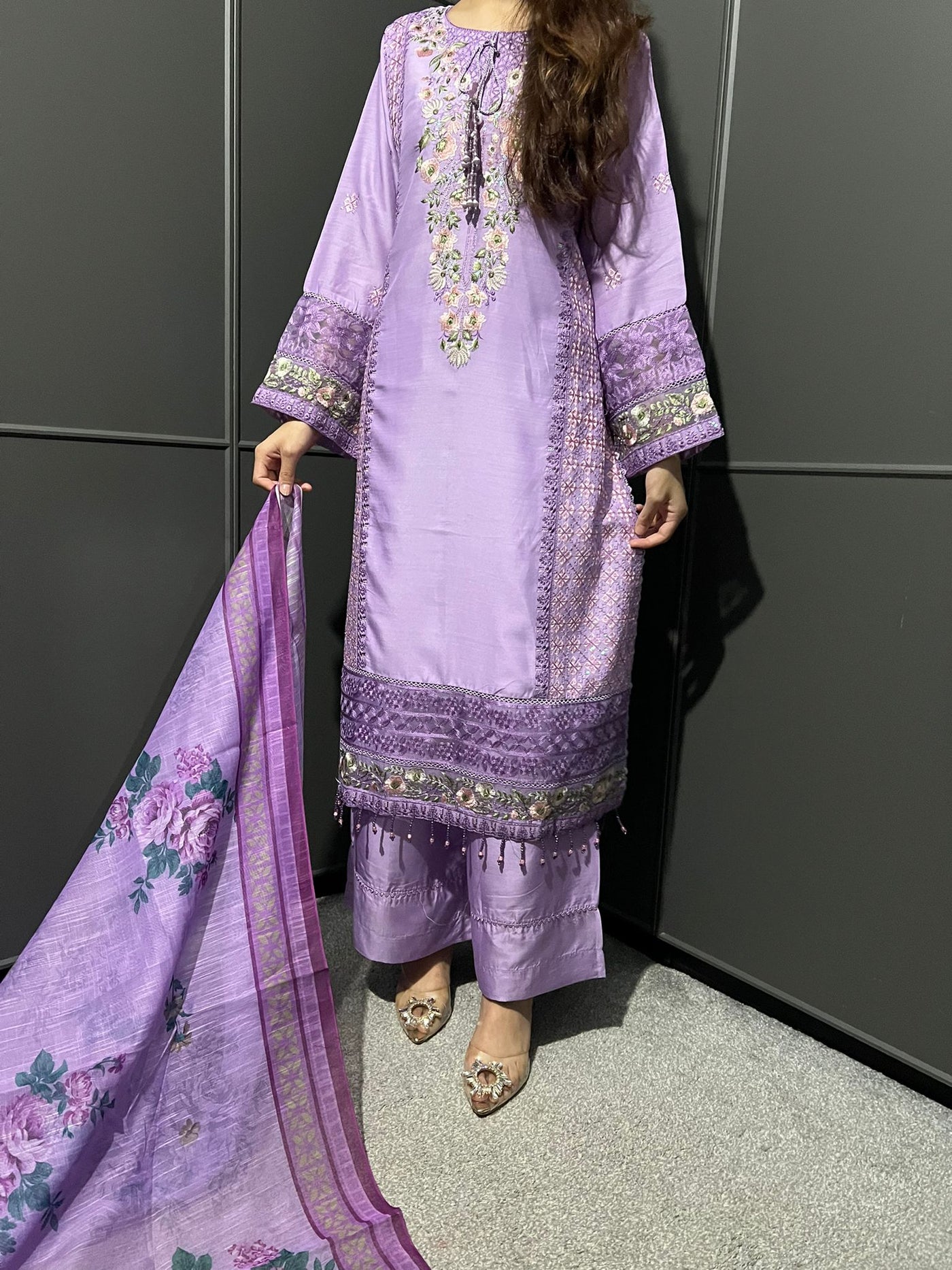 Lilac - Viscose Embroidered Plazzo | Suit With Embroidered | Organza Dupatta
