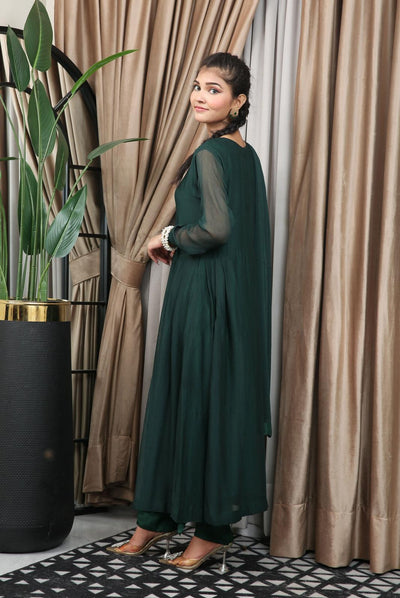 Green Readymade 3 Piece Plain Chiffon Maxi TS-821