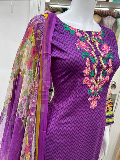 3Pc Lawn Designer Embroidered With Chiffon Dupatta D-763