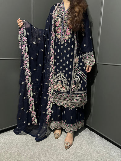 Blue 3Pc Plazzo Embroidered Chiffon Collection With Embroidered Chiffon Dupatta