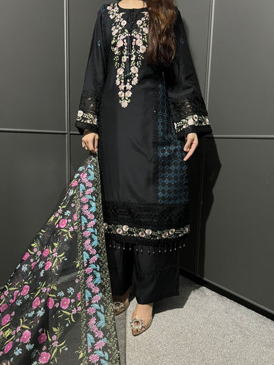 Black - Viscose Embroidered Plazzo | Suit With Embroidered | Organza Dupatta