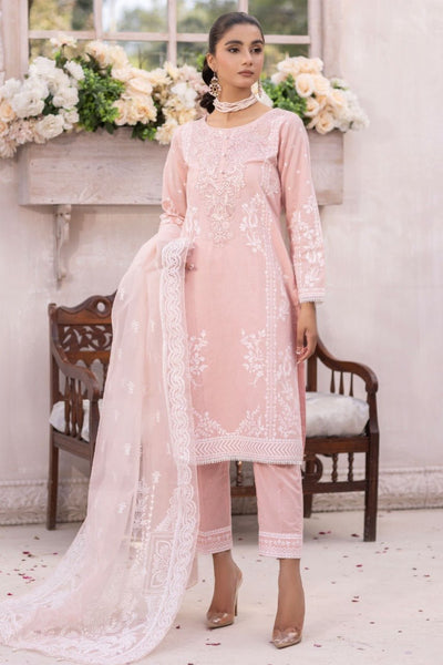 T- Pink 3 Pc Embroidered Cotton Lawn Readymade Suit -7004