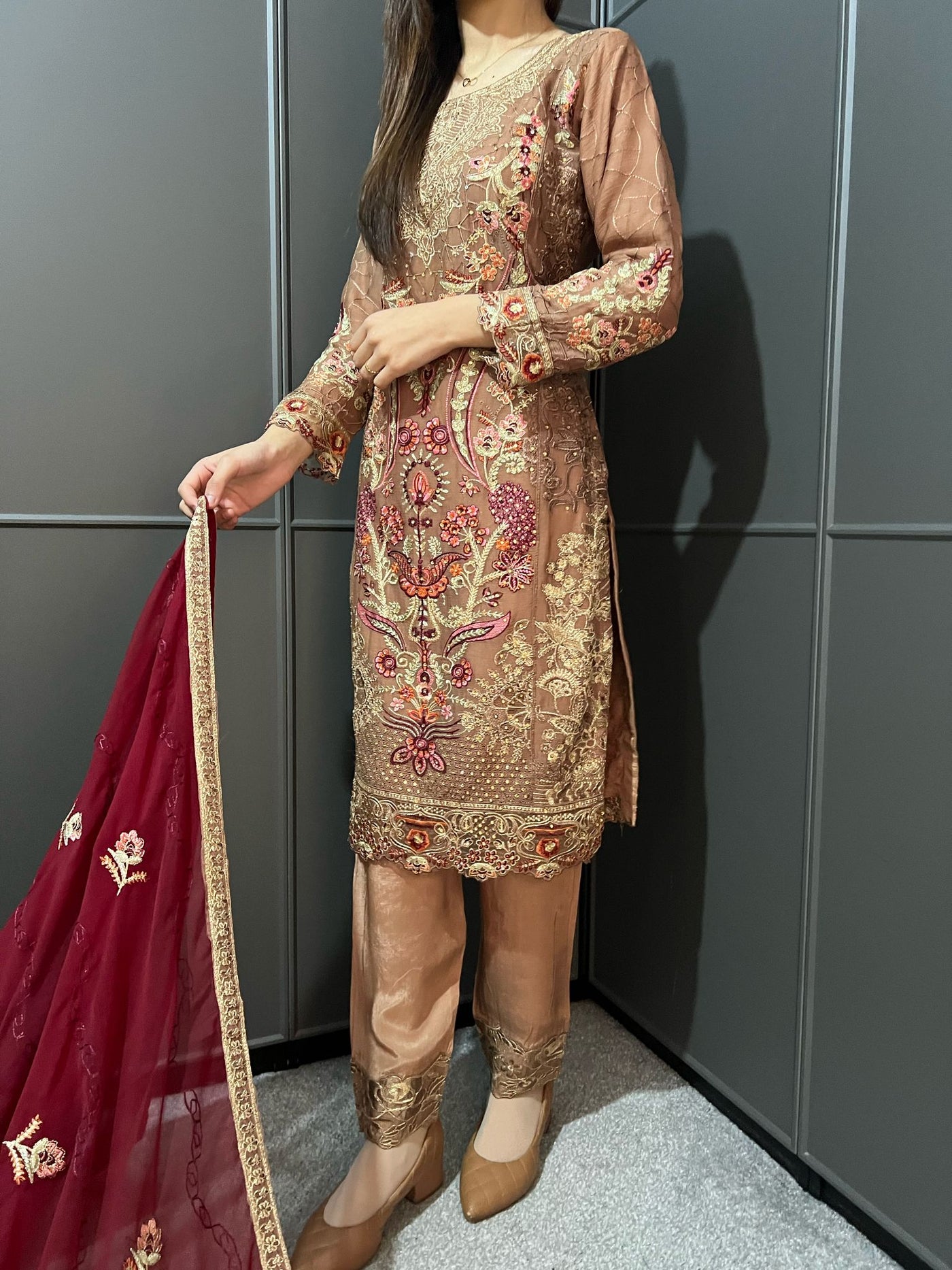 Brown Embroidered Chiffon Mother & Daughter Ready to Wear Collection - Perfect for Family Outfits