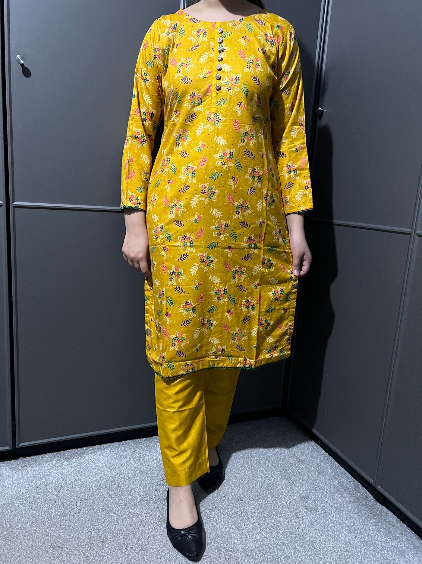 D-56 Mustard Printed 2 Piece Winter Dhanak Suit