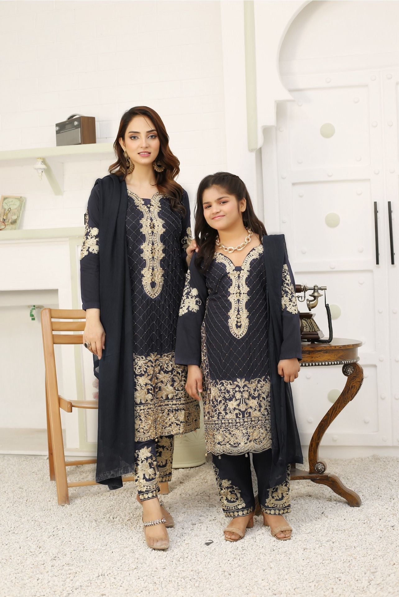 Embroidered Readymade Linen Mother & Daughter Suit Black TS-218 | Shop Pakistani Dresses