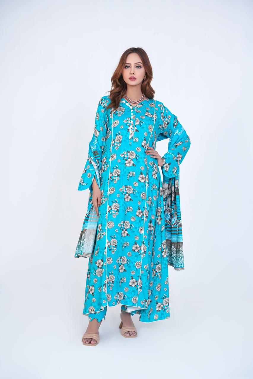 3 Pc Floral Printed Winter Linen Frock With Linen Dupatta D-308