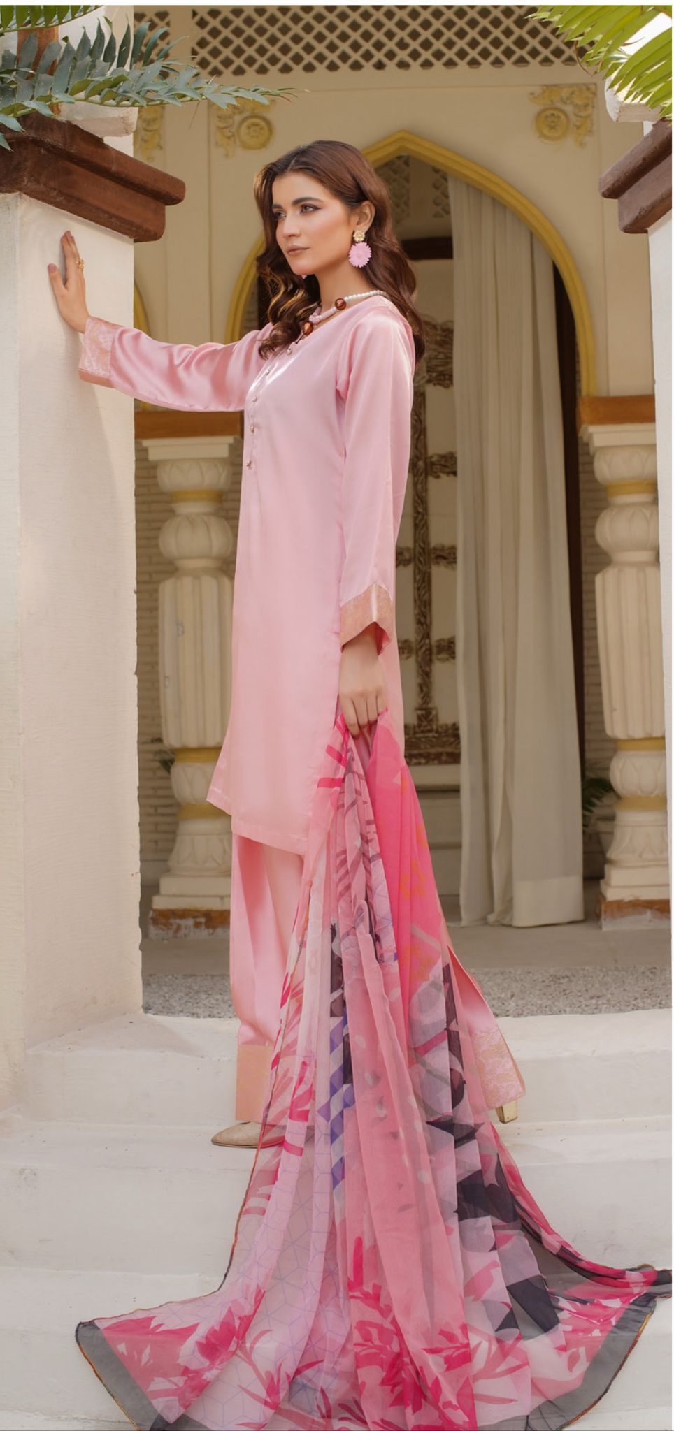 FARSHI SHALWAR Plain Silk 3 Piece Outfit With Printed Chiffon | Buy Pakistani Suits in United Kingdom | Image 2 of 4