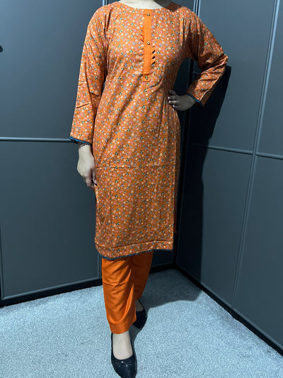 D-63 ORANGE Printed 2 Piece Winter Dhanak Suit