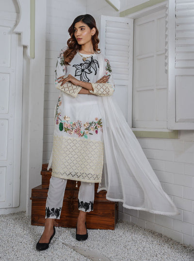 Premium Lawn 3 Piece Outfit With  Chiffon Dupatta White D-4111