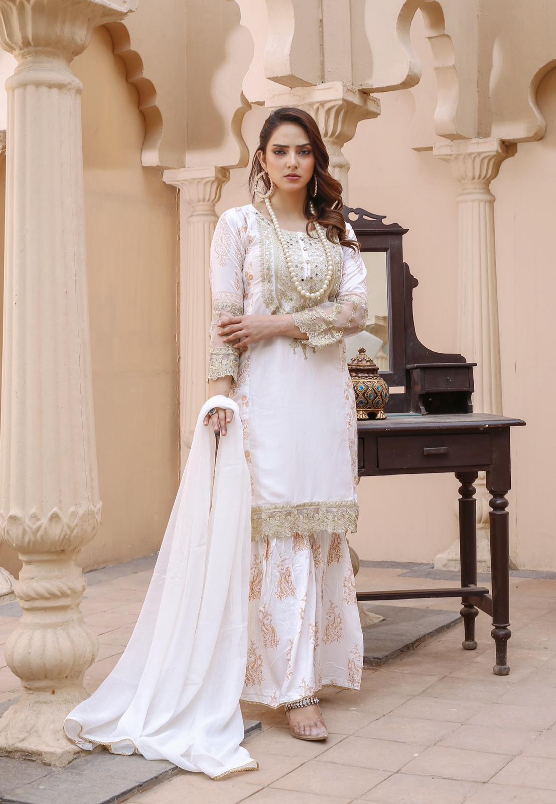 Embroidered Linen Sharara Suit With Chiffon Dupatta White D-180