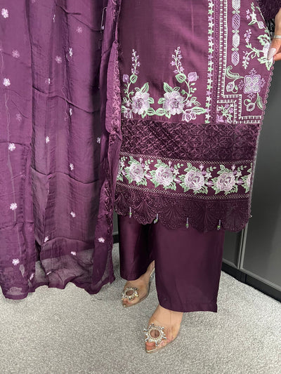 Plum - Viscose Embroidered Plazzo | Suit With Embroidered | Chiffon Dupatta