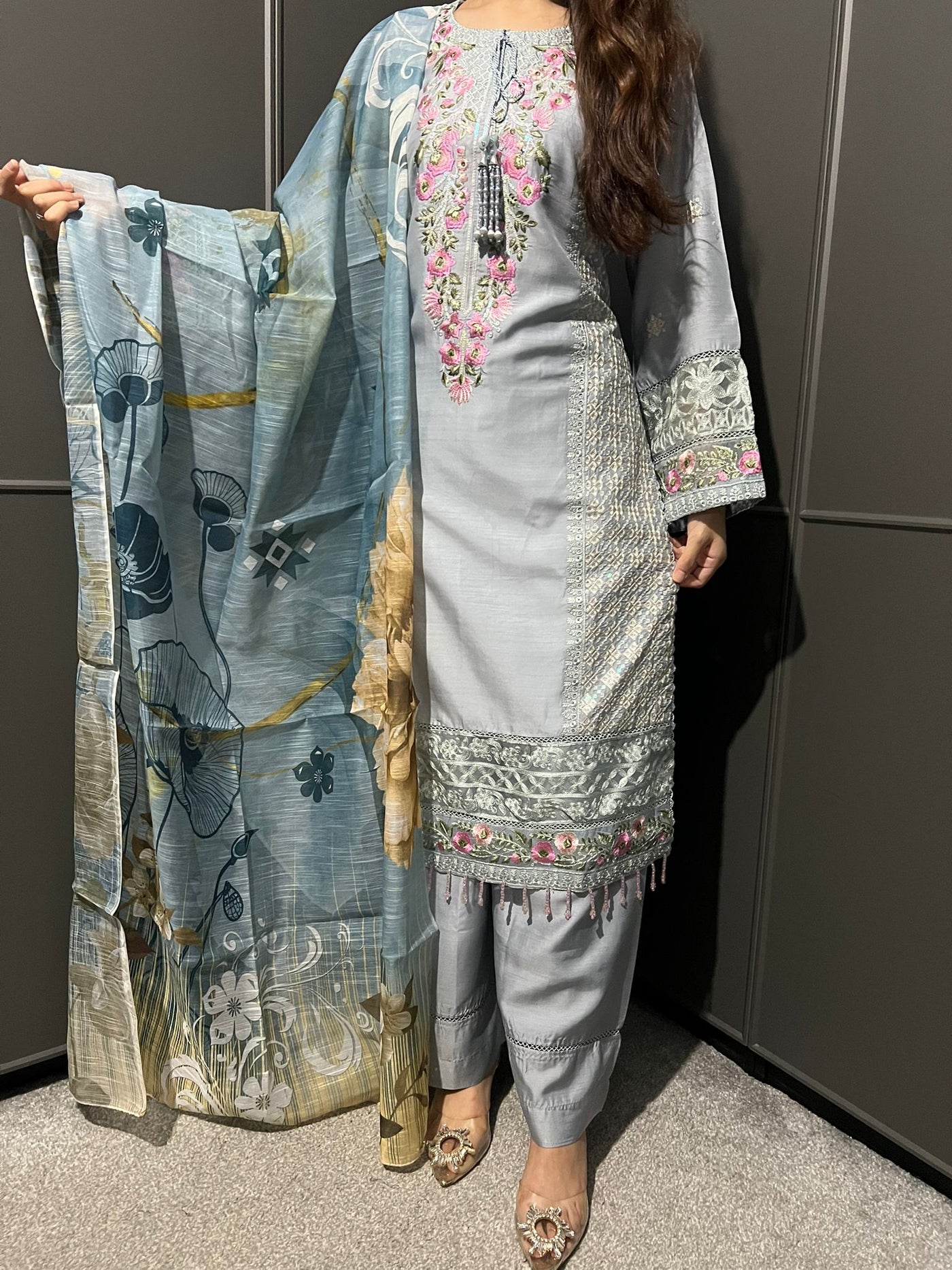 Gray - Viscose Embroidered Plazzo | Suit With Embroidered | Organza Dupatta