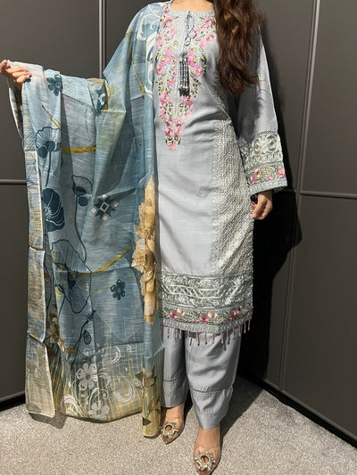 Gray - Viscose Embroidered Plazzo | Suit With Embroidered | Organza Dupatta
