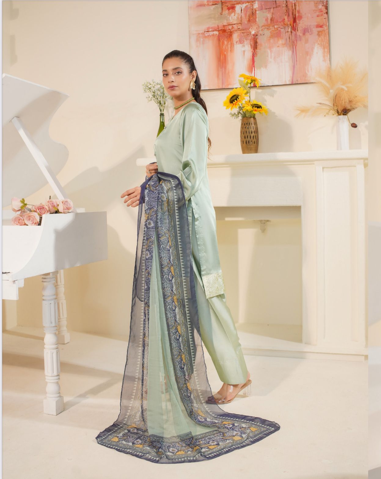 FARSHI SHALWAR Plain Silk 3 Piece Outfit With Printed Chiffon | Desing Number Two | Buy Latest Pakistani Suits Online | Image 2 of 5