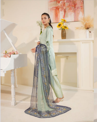 FARSHI SHALWAR Plain Silk 3 Piece Outfit With Printed Chiffon | Desing Number Two | Buy Latest Pakistani Suits Online | Image 2 of 5