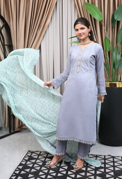 GRAY 3 PIECE PLAIN LINEN READY TO WEAR TROUSER SUIT D-22