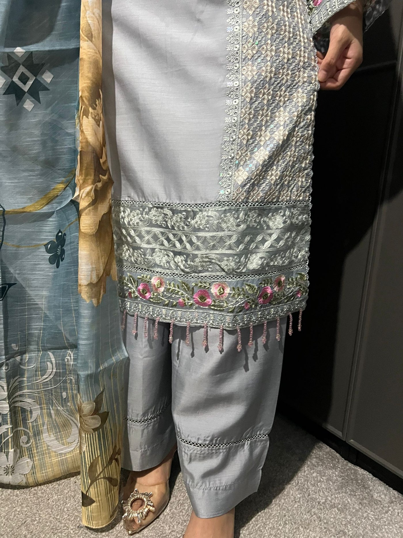 Gray - Viscose Embroidered Plazzo | Suit With Embroidered | Organza Dupatta