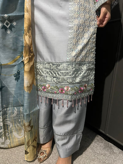 Gray - Viscose Embroidered Plazzo | Suit With Embroidered | Organza Dupatta