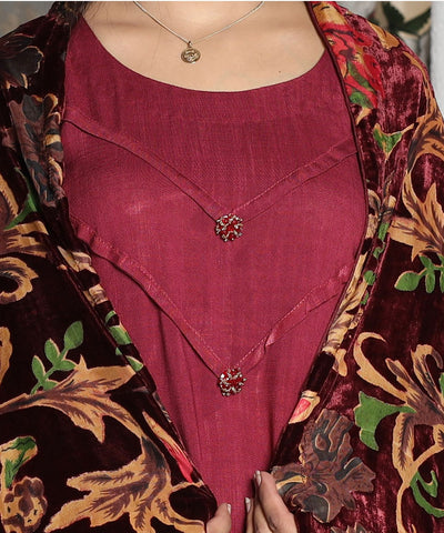 Maroon- 3 Piece Marina Suit With Velvet Palachi Shawl