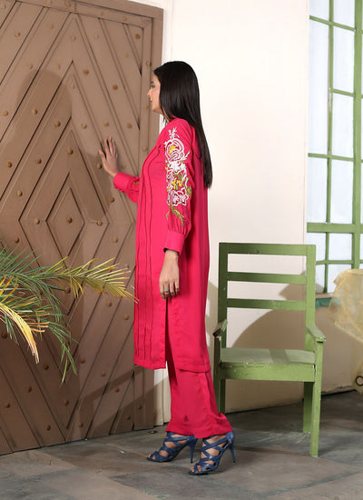 2 Pcs Classic Georgette Fabric Shirt Wth Embroidered Sleeve PINK D-2611