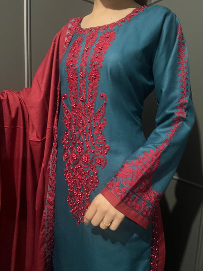 3 Pc Embroidered Dhanak Readymade Plazzo Suit with Winter shawl