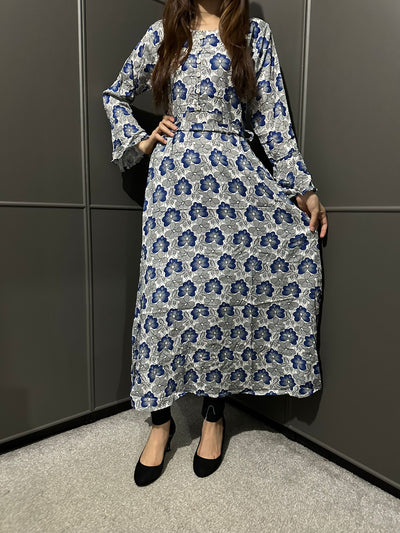D-2 White&Blue Printed Long Dress in Linen Martial Fabric for Casual Wear - Womenswear