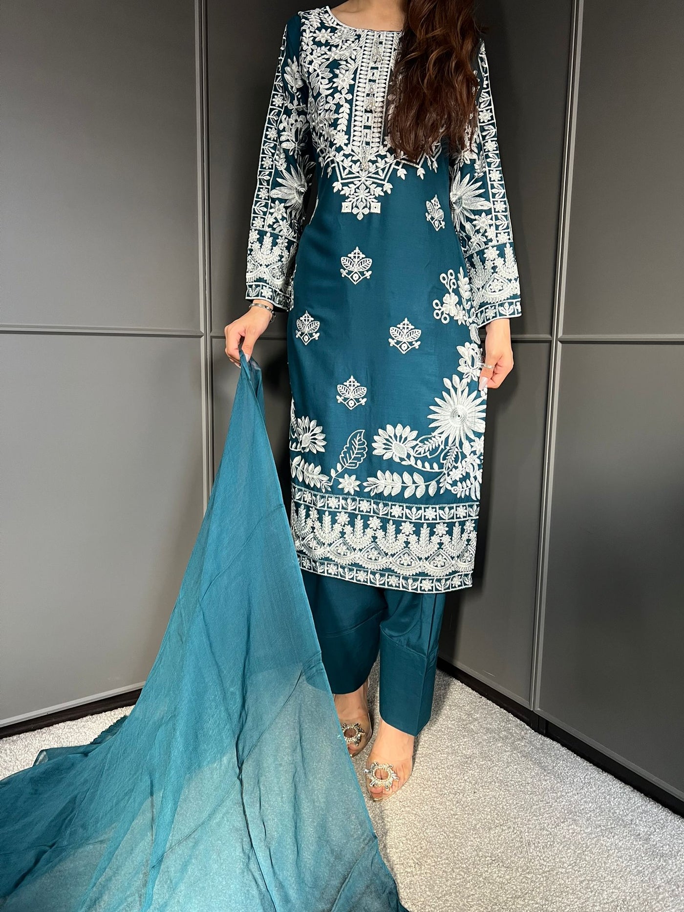 TEAL- FARSHI SHALWAR|Embroidered Linen 3 Piece |Outfit for Women - Asian Clothing