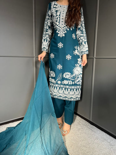 TEAL- FARSHI SHALWAR|Embroidered Linen 3 Piece |Outfit for Women - Asian Clothing