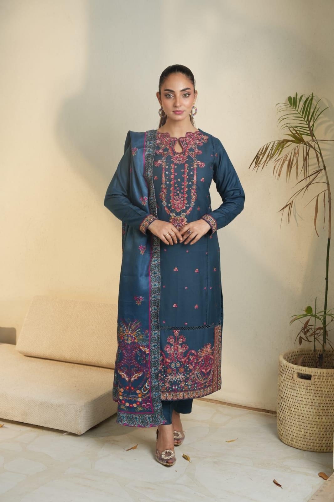 DHANAK 3 PIECE| DESIGNER EMBROIDERED |READY TO WEAR SUIT