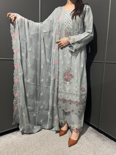 3Pc Plazzo Embroidered Chiffon Collection With Embroidered Chiffon Dupatta