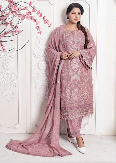 PINK 3 PIECE EMBROIDERED FANCY CHIFFON OUTFIT D-3