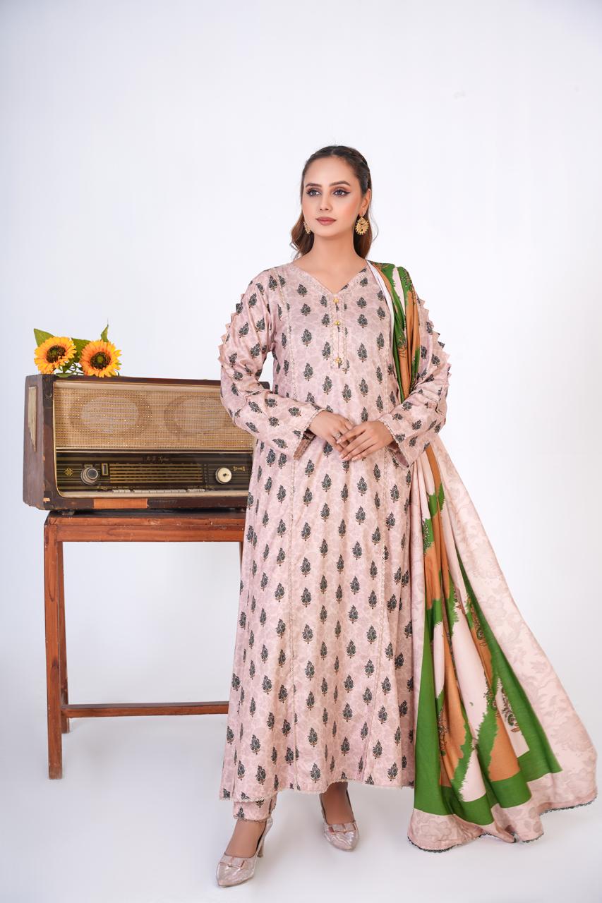 3 Pc Floral Printed Winter Linen Frock With Linen Dupatta D-305