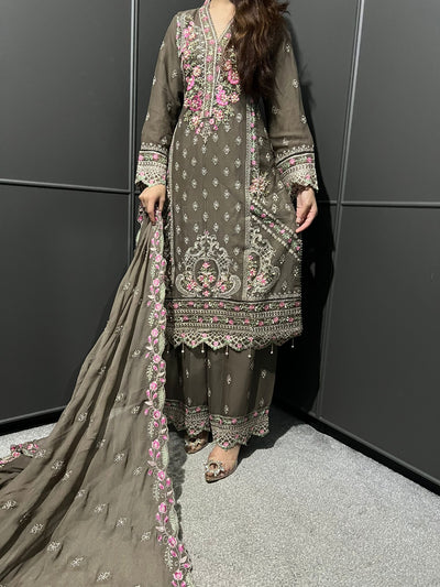 Beige 3Pc Plazzo Embroidered Chiffon Collection With Embroidered Chiffon Dupatta