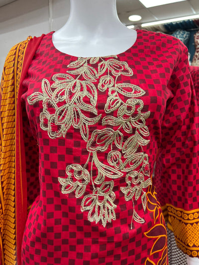 3Pc Lawn Designer Embroidered With Chiffon Dupatta D-766