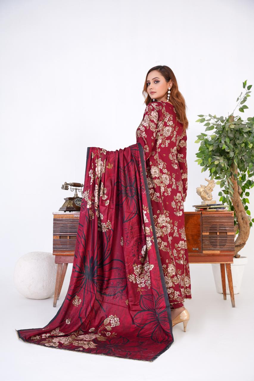 3 Pc Floral Printed Winter Linen Frock With Linen Dupatta D-605