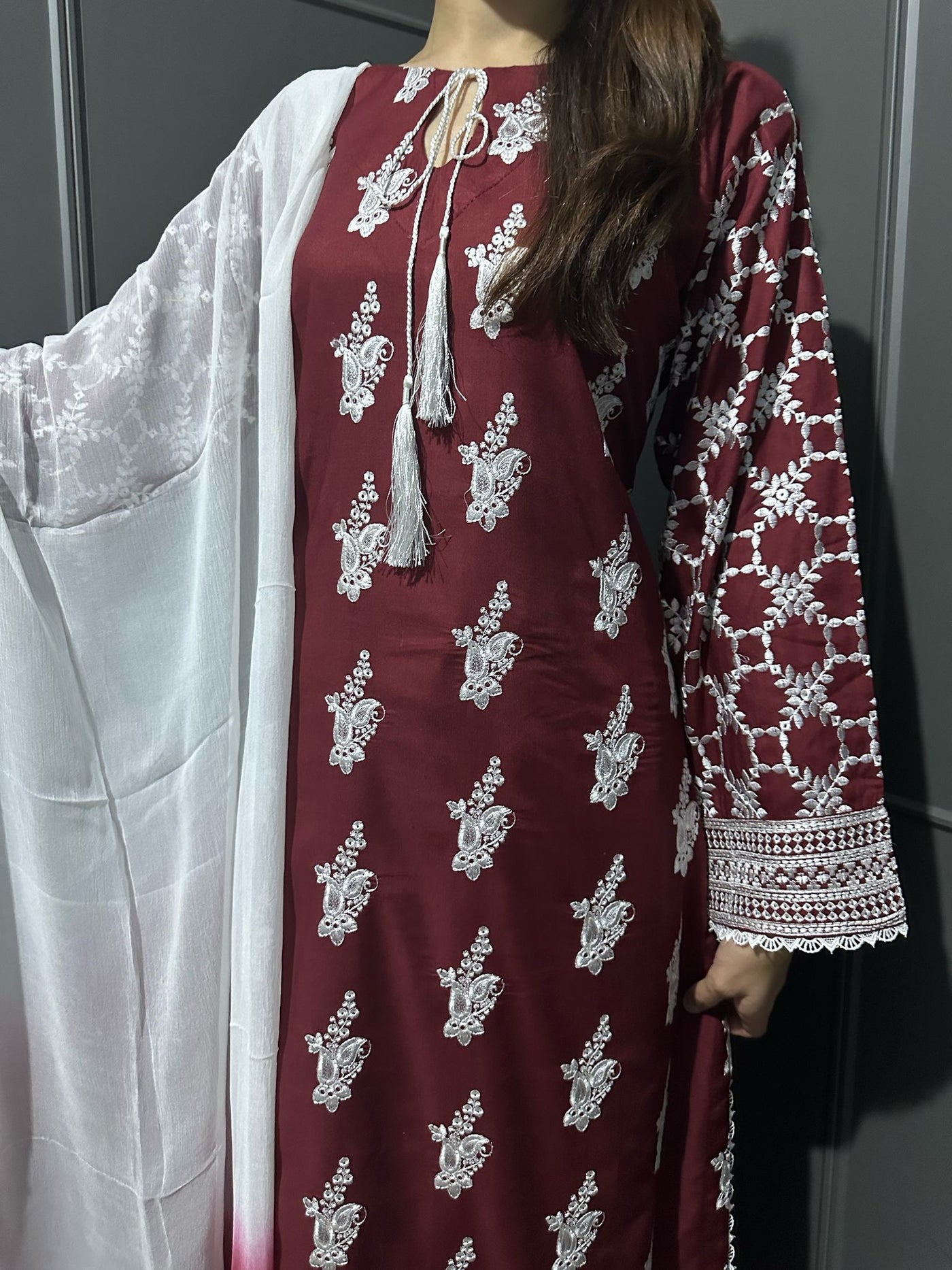 Maroon-Mother & Daughter Embroidered Linen Plazo Collection