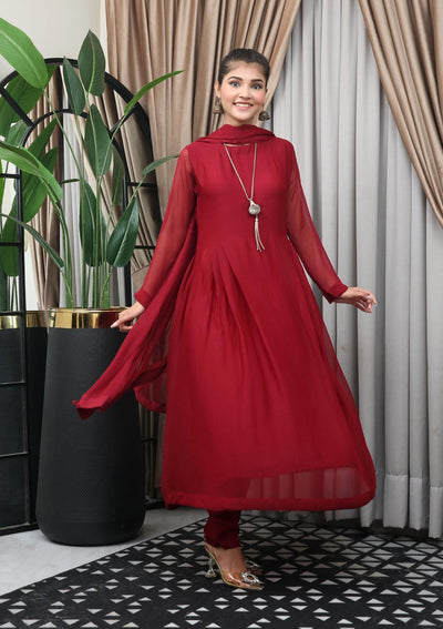 Maroon Readymade 3 Piece Plain Chiffon Maxi TS-823