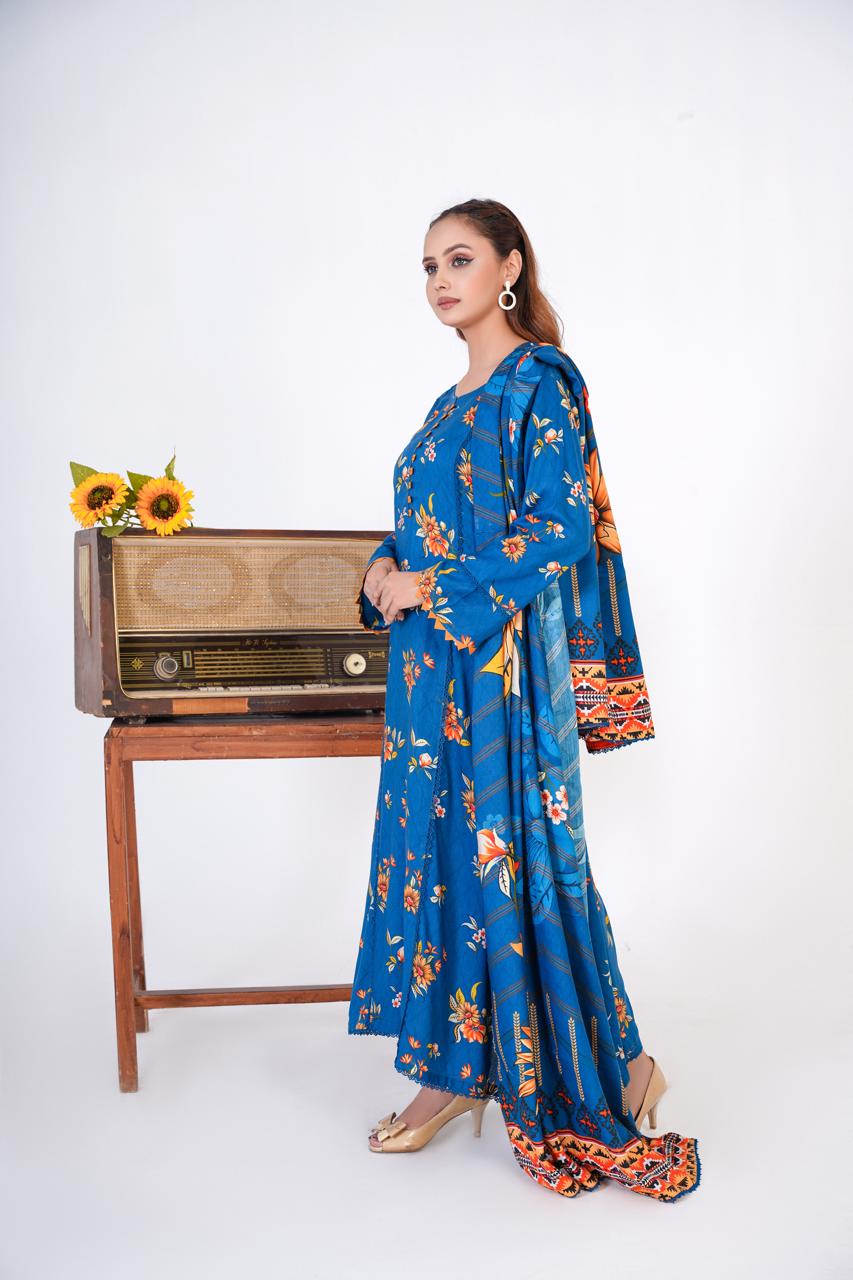 3 Pc Floral Printed Winter Linen Frock With Linen Dupatta D-307