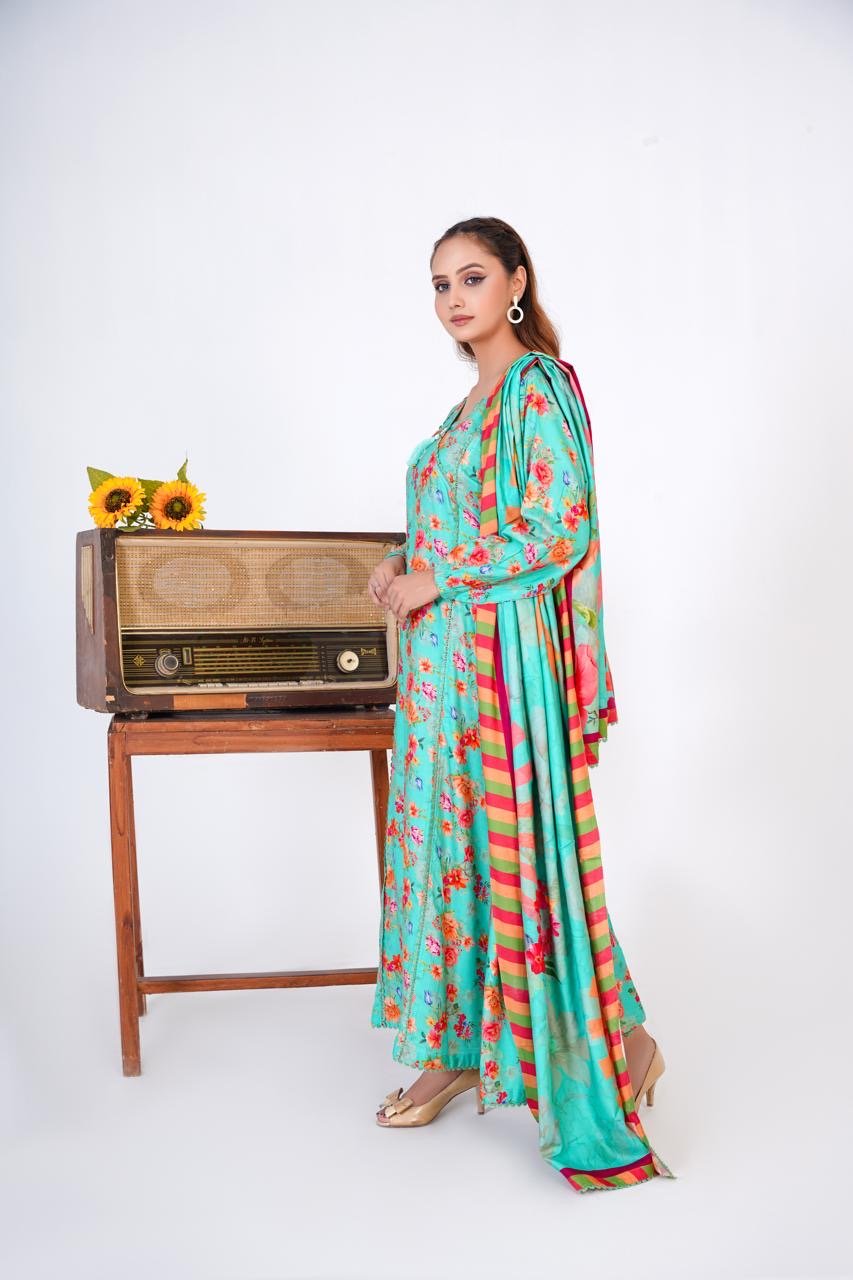 3 Pc Floral Printed Winter Linen Frock With Linen Dupatta D-301