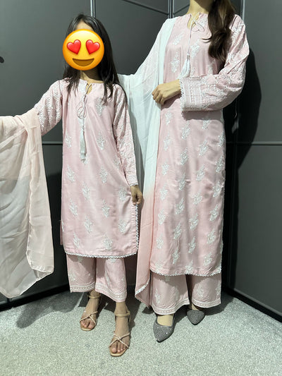 Pink-Mother & Daughter Embroidered Linen Plazo Collection