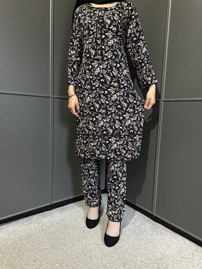Floral Printed Stone Linen Suit - Trouser 2 Pc Set