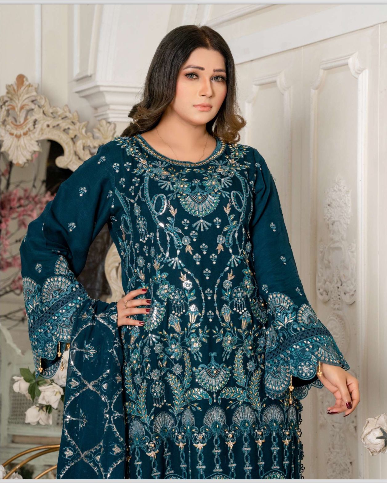 TEAL 3 PIECE EMBROIDERED FANCY CHIFFON OUTFIT D-1