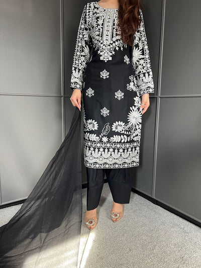Black- FARSHI SHALWAR|Embroidered Linen 3 Piece |Outfit for Women - Asian Clothing