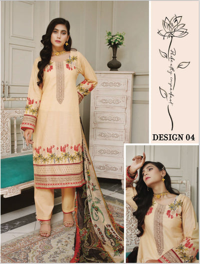 3 Piece Embroidered Lawn With Bamber Chiffon Dupatta D-04