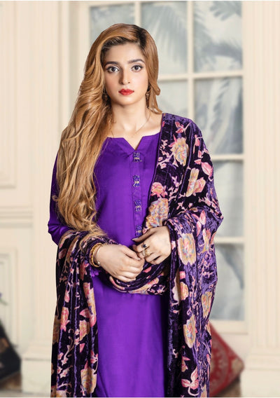 Cadbury Purple - 3 Piece Dhanak  Suit With Velvet Palachi Shawl