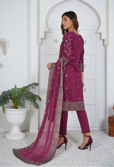 Premium Lawn 3 Piece Outfit With Embroidered Chiffon Dupatta Maroon D-4087