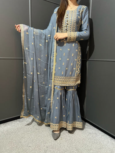 GRAY- Embroidered Gharara Chiffon Mother & Daughter Ready to Wear Collection - Perfect for Family