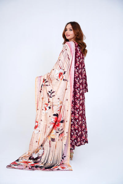 3 Pc Floral Printed Winter Linen Frock With Linen Dupatta D-310